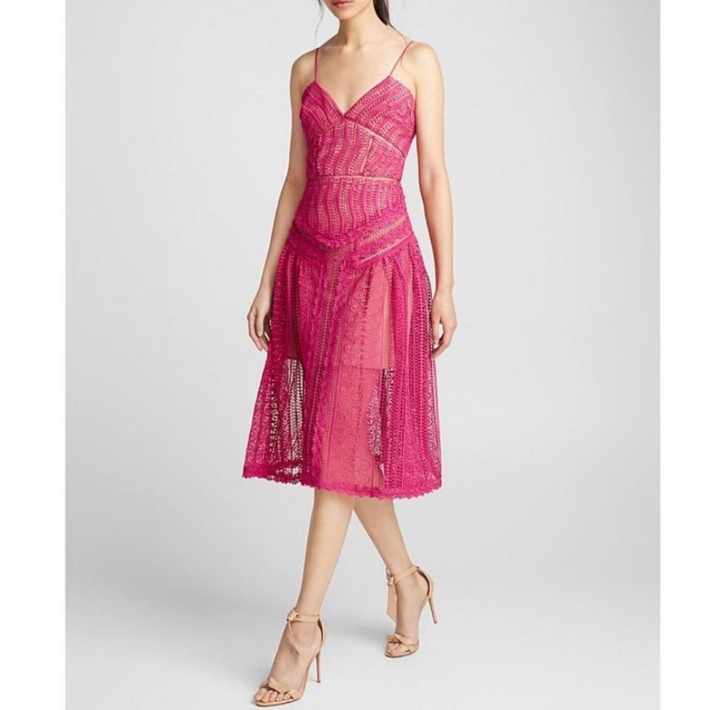 NWT Self-Portrait Fuchsia Spiral Lace Panel Dress